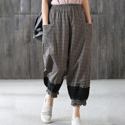 Loose Plaid Lace Casual Women Ankle Pants