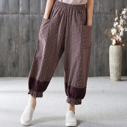 Loose Plaid Lace Casual Women Ankle Pants