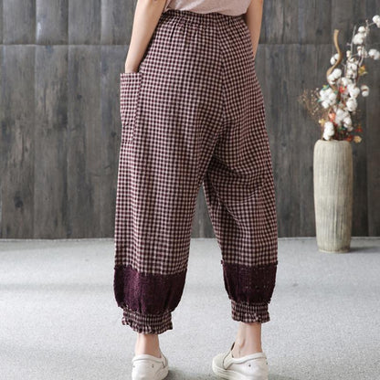 Loose Plaid Lace Casual Women Ankle Pants