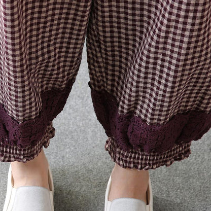 Loose Plaid Lace Casual Women Ankle Pants
