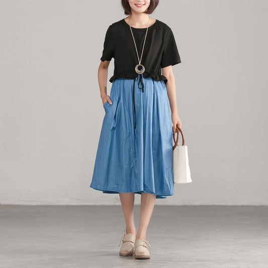 Loose Round Neck Commuter Splicing Cotton Dress