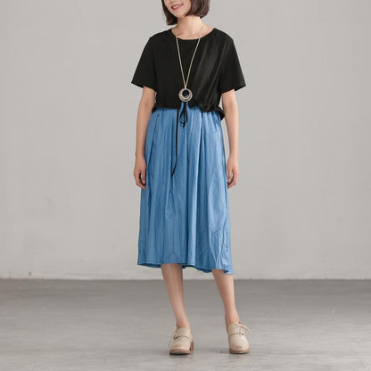 Loose Round Neck Commuter Splicing Cotton Dress