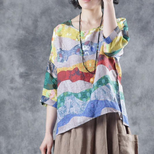Loose Round Neck Print Linen Blouse