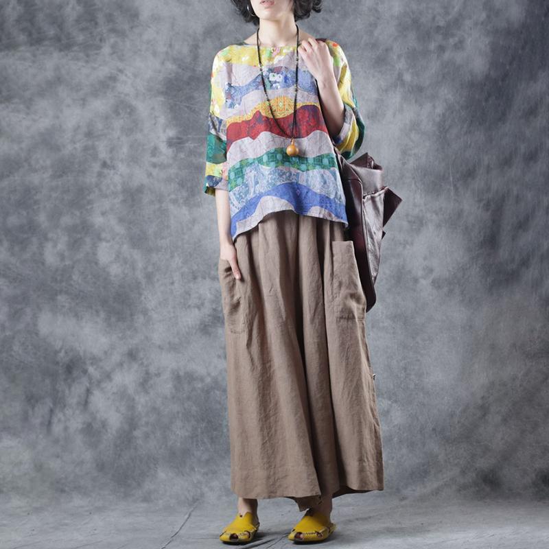 Loose Round Neck Print Linen Blouse