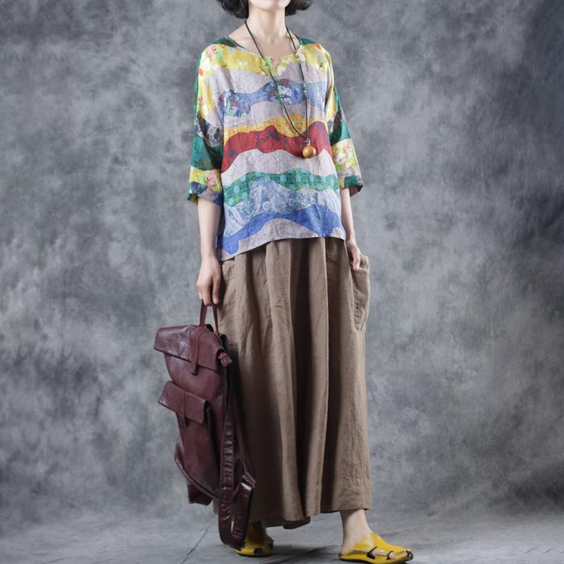 Loose Round Neck Print Linen Blouse