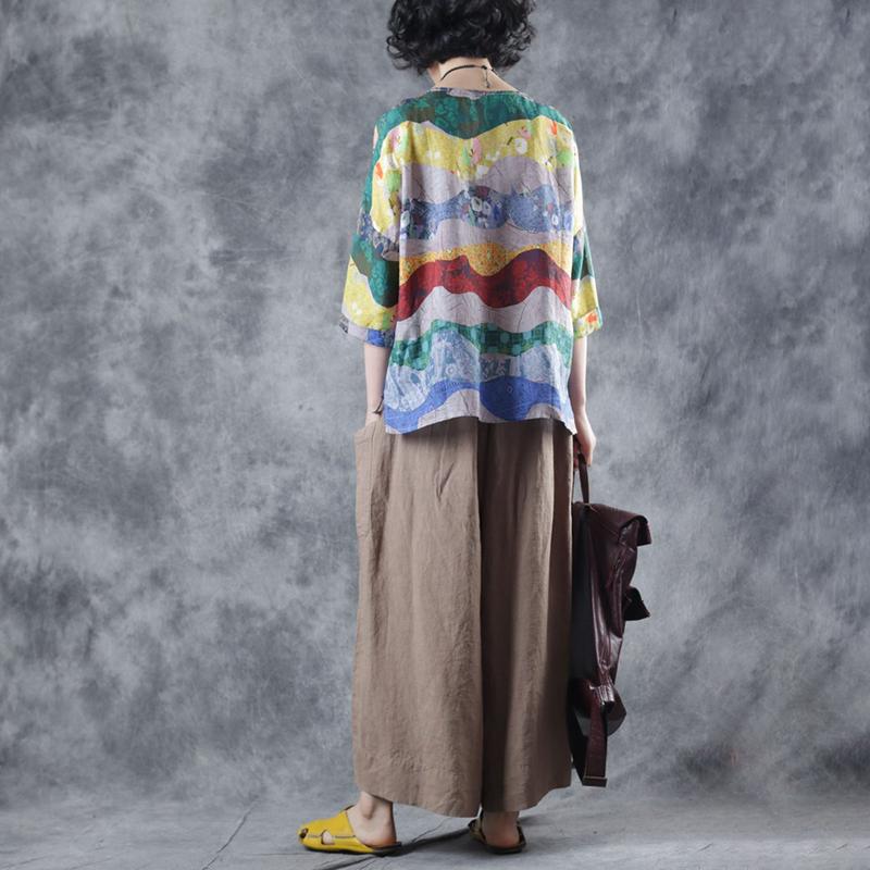 Loose Round Neck Print Linen Blouse