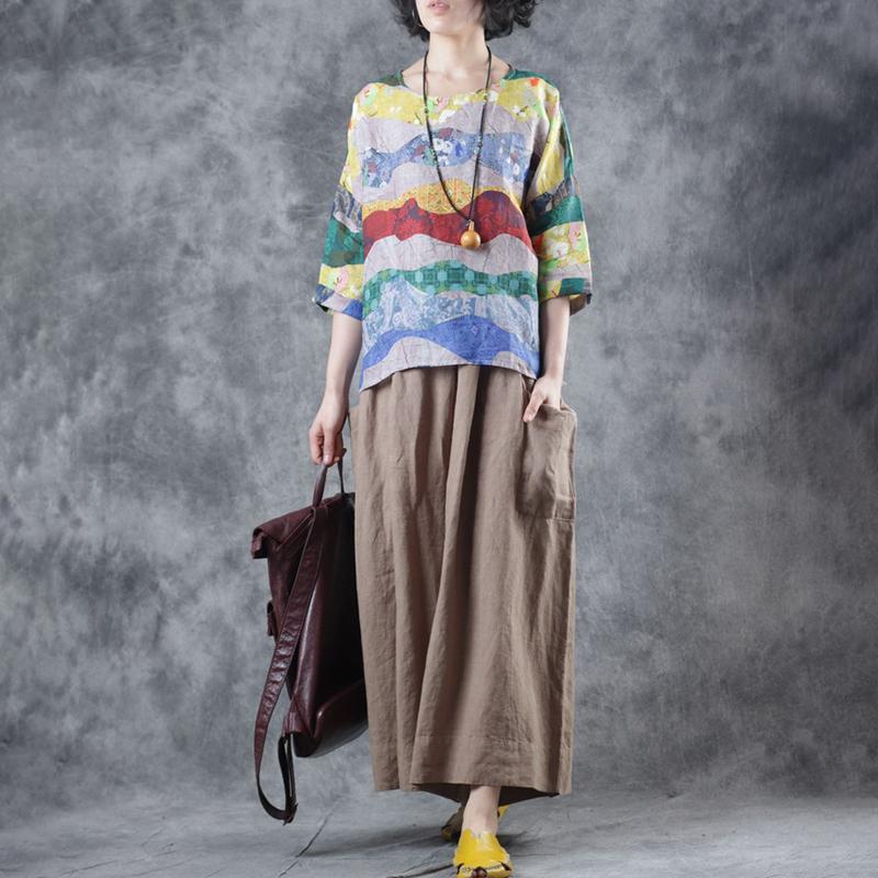 Loose Round Neck Print Linen Blouse