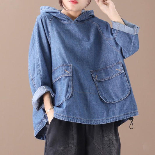 Loose Solid Color Drawstring Denim Hoodie