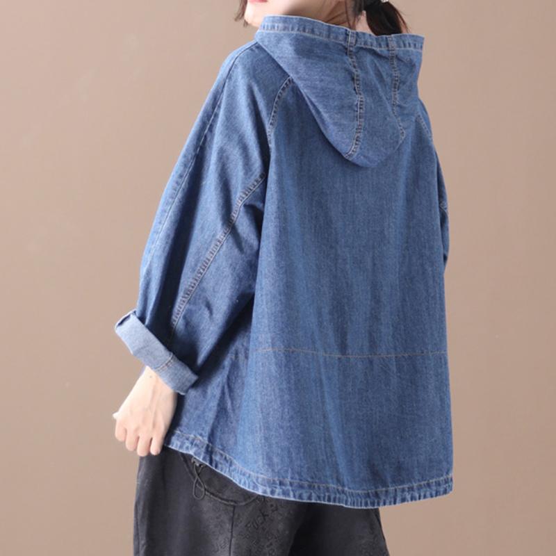 Loose Solid Color Drawstring Denim Hoodie