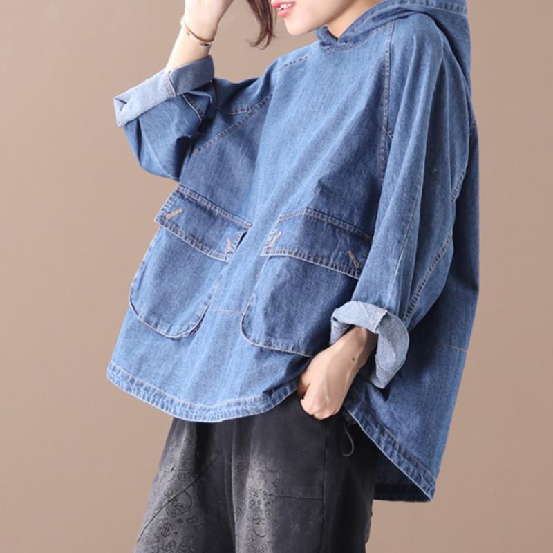 Loose Solid Color Drawstring Denim Hoodie