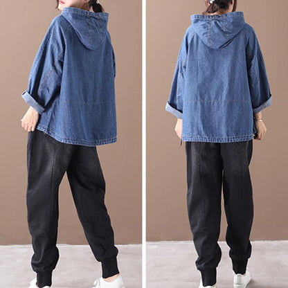 Loose Solid Color Drawstring Denim Hoodie