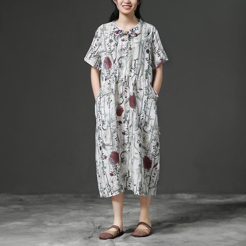 Loose V-neck Short Sleeve Drawstring Linen Dress