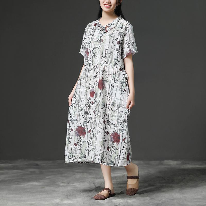 Loose V-neck Short Sleeve Drawstring Linen Dress