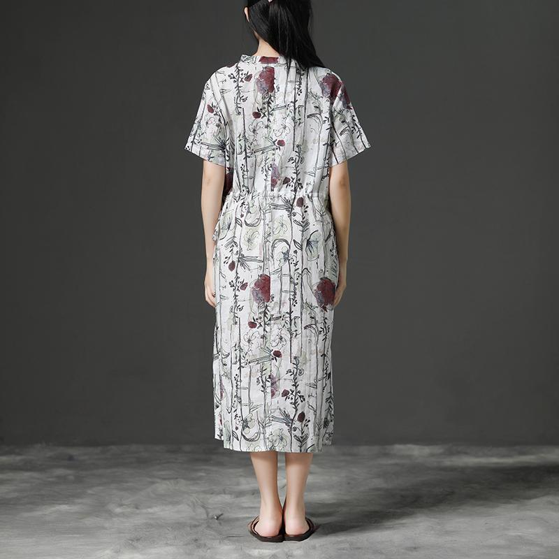 Loose V-neck Short Sleeve Drawstring Linen Dress