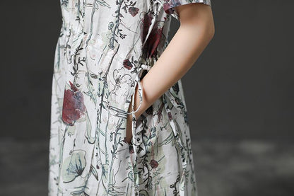 Loose V-neck Short Sleeve Drawstring Linen Dress