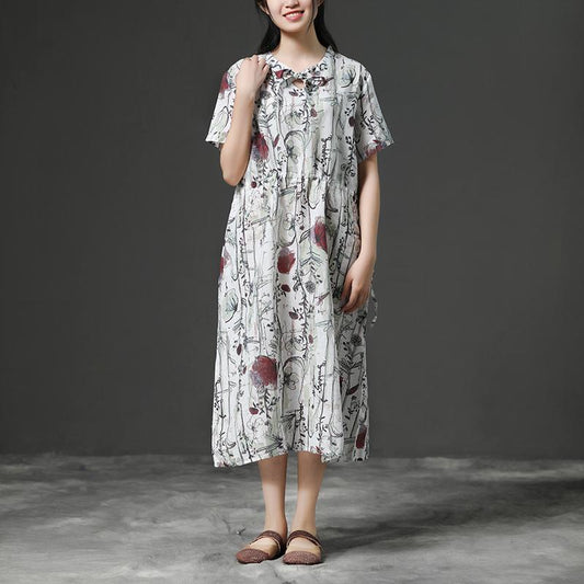 Loose V-neck Short Sleeve Drawstring Linen Dress
