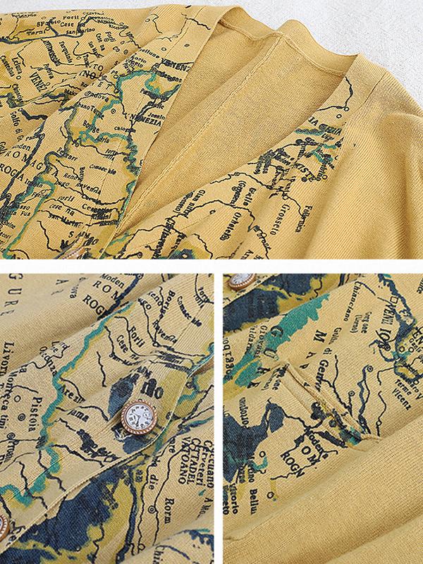 Map Printed Casual Loose Knit Coat