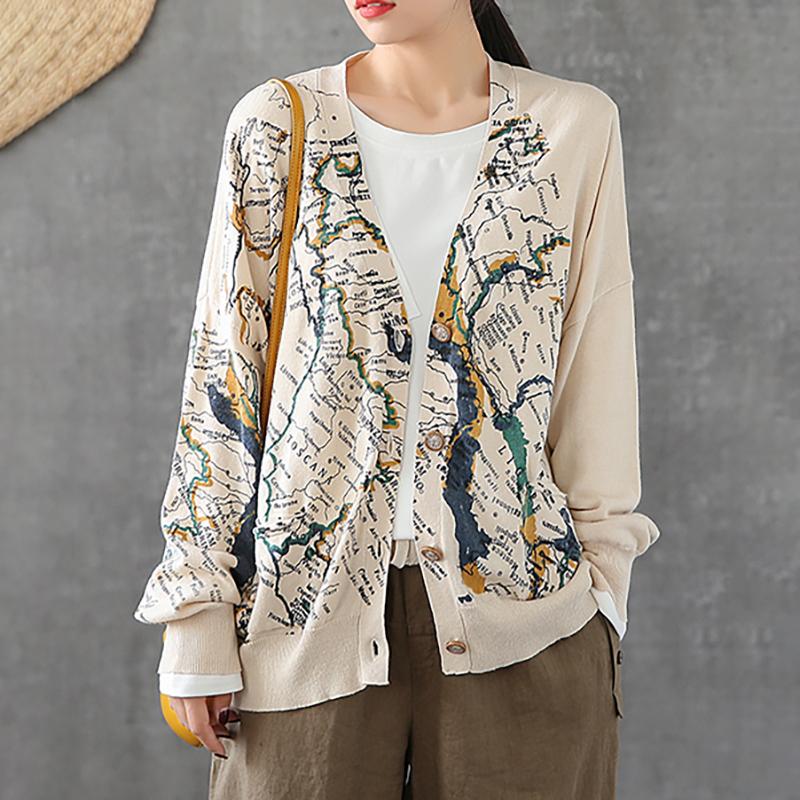 Map Printed Casual Loose Knit Coat