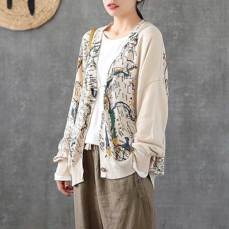 Map Printed Casual Loose Knit Coat