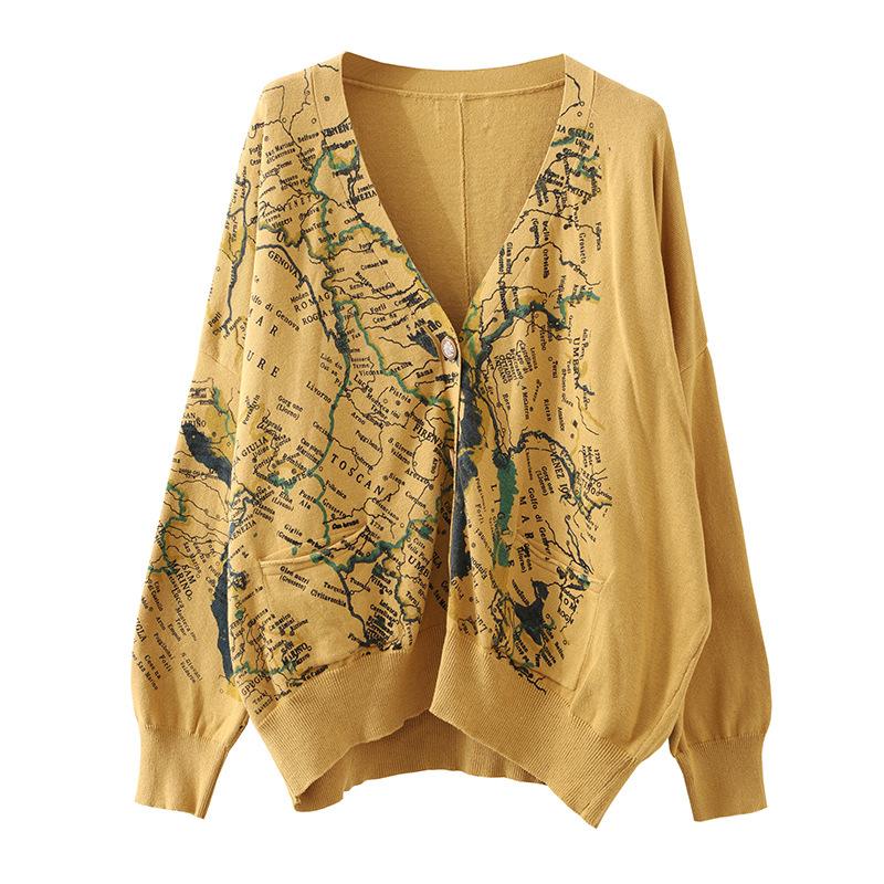 Map Printed Casual Loose Knit Coat