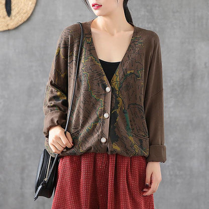 Map Printed Casual Loose Knit Coat