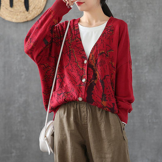 Map Printed Casual Loose Knit Coat