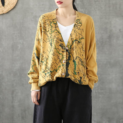 Map Printed Casual Loose Knit Coat