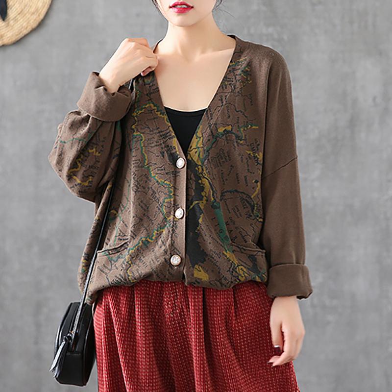 Map Printed Casual Loose Knit Coat