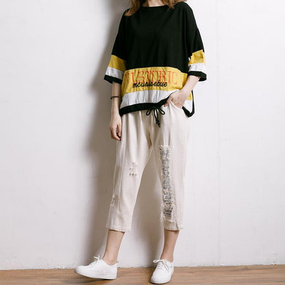 Matching Color Embroidered Letter Drawstring T-Shirt