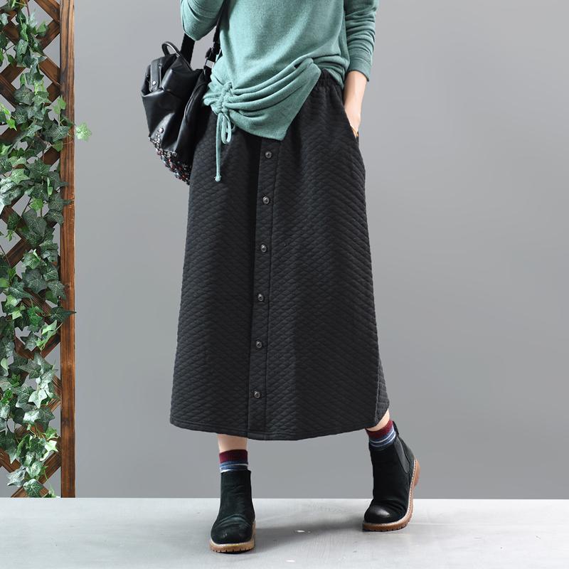 Middle Row of Buttons Elastic Waist A-line Skirt