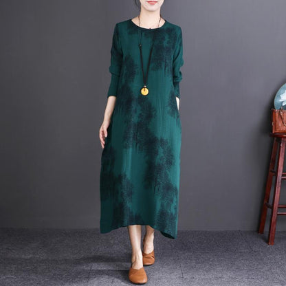Midi Retro Round Neck Long Sleeve Autumn Dress