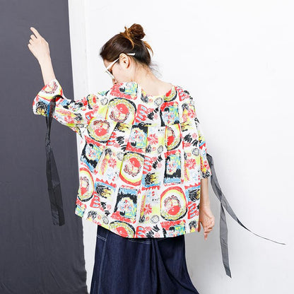 Multi-Colored Graffiti Printed Spliced Lace T-Shirt