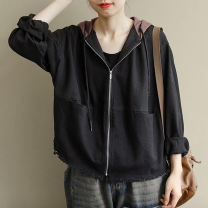 Buykud Natural Burr Hem Pure Color Hooded Coat