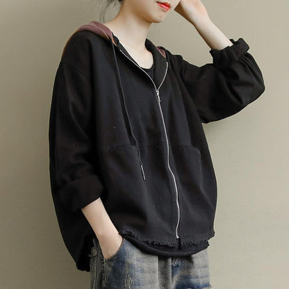 Buykud Natural Burr Hem Pure Color Hooded Coat