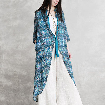 New Summer Print Lace-Up Irregular X-Long Shirt