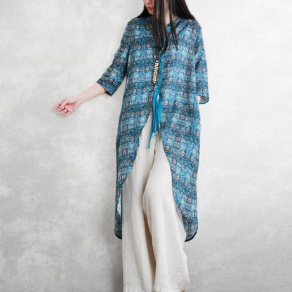 New Summer Print Lace-Up Irregular X-Long Shirt