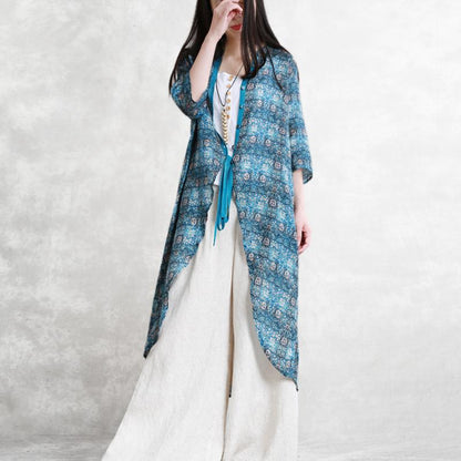 New Summer Print Lace-Up Irregular X-Long Shirt