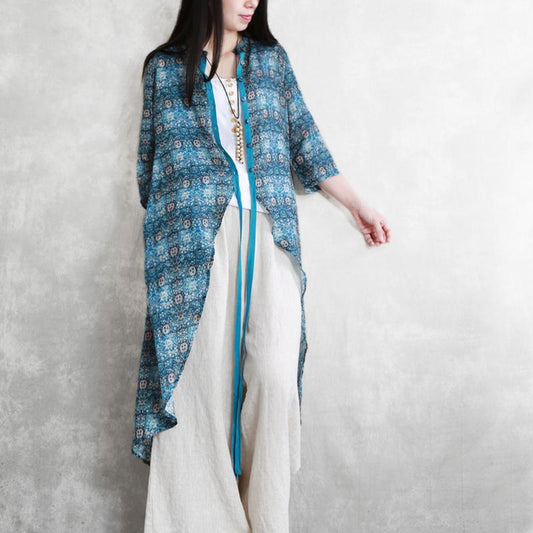 New Summer Print Lace-Up Irregular X-Long Shirt