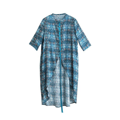 New Summer Print Lace-Up Irregular X-Long Shirt
