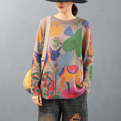 O-neck Cute Printed Retro Knit Shirt