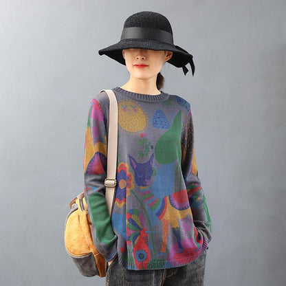 O-neck Cute Printed Retro Knit Shirt