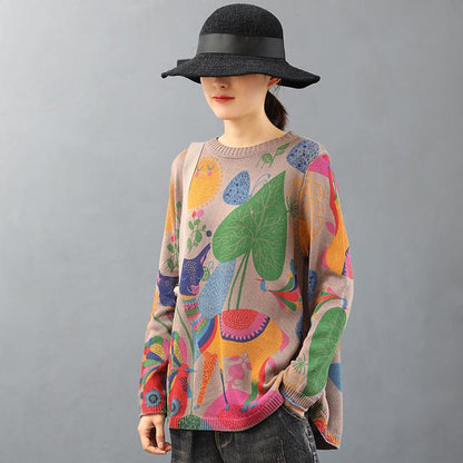 O-neck Cute Printed Retro Knit Shirt