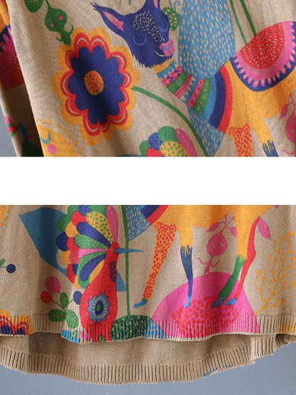 O-neck Cute Printed Retro Knit Shirt
