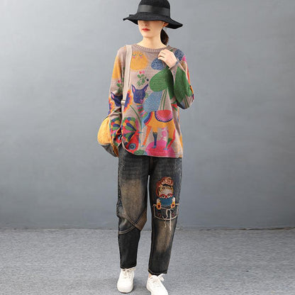 O-neck Cute Printed Retro Knit Shirt