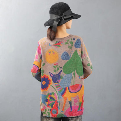 O-neck Cute Printed Retro Knit Shirt