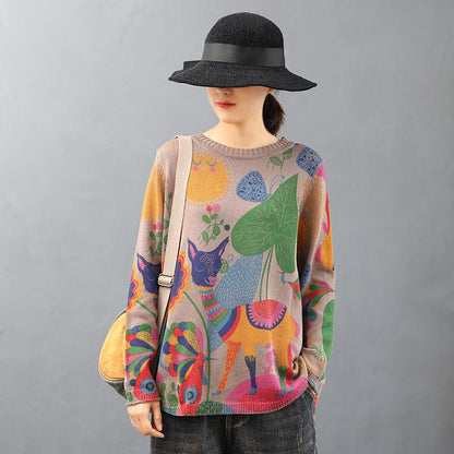 O-neck Cute Printed Retro Knit Shirt