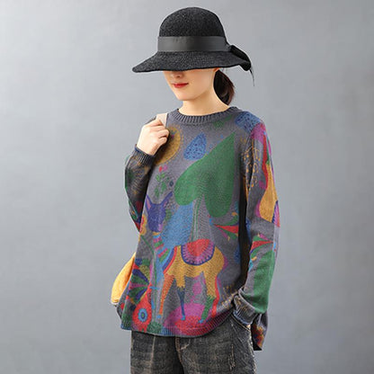 O-neck Cute Printed Retro Knit Shirt