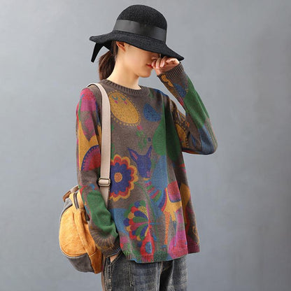 O-neck Cute Printed Retro Knit Shirt