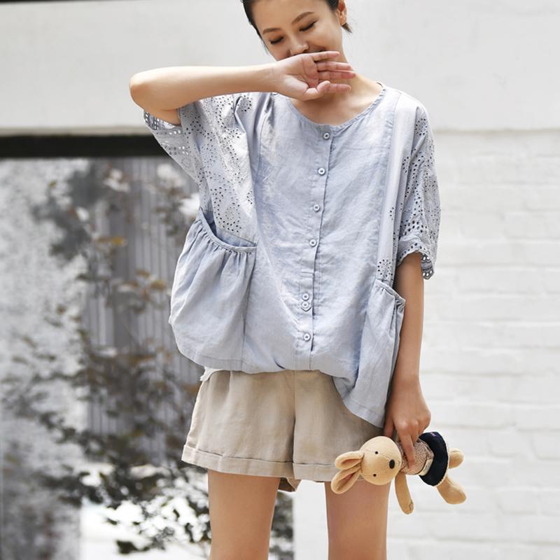 O-neck Hollow Out Cotton Women Blouse