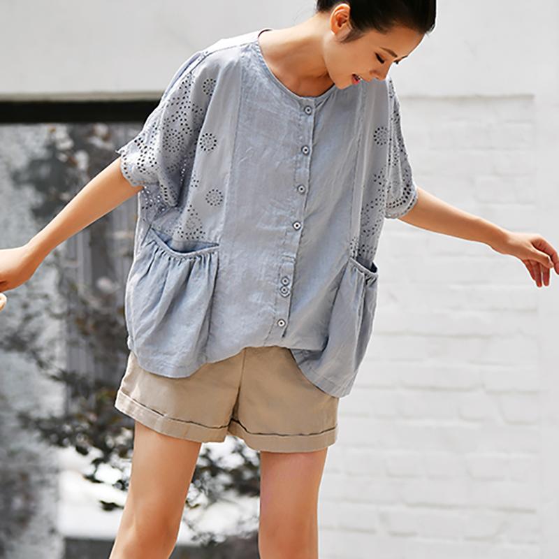 O-neck Hollow Out Cotton Women Blouse